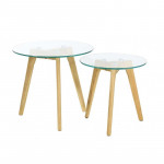 Tables gigognes en Verre D 50 et 40 cm, Transparent, Pieds en bois
