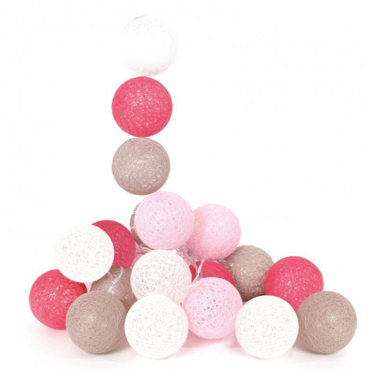 Guirlande LED, Piles, 20 boules D 6 cm, Nuances rose et taupe