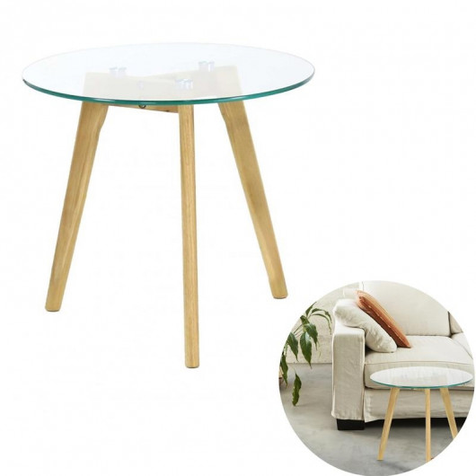 Table Basse en Verre D 50 cm, Transparent, Pieds en bois