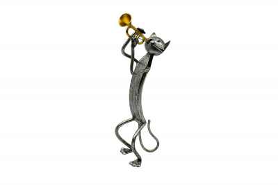 Chat trompettiste, Statuette décorative en métal