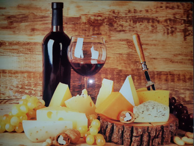 Planche à découper en verre trempé 4mm, 40x30 cm, Décor vin et fromages